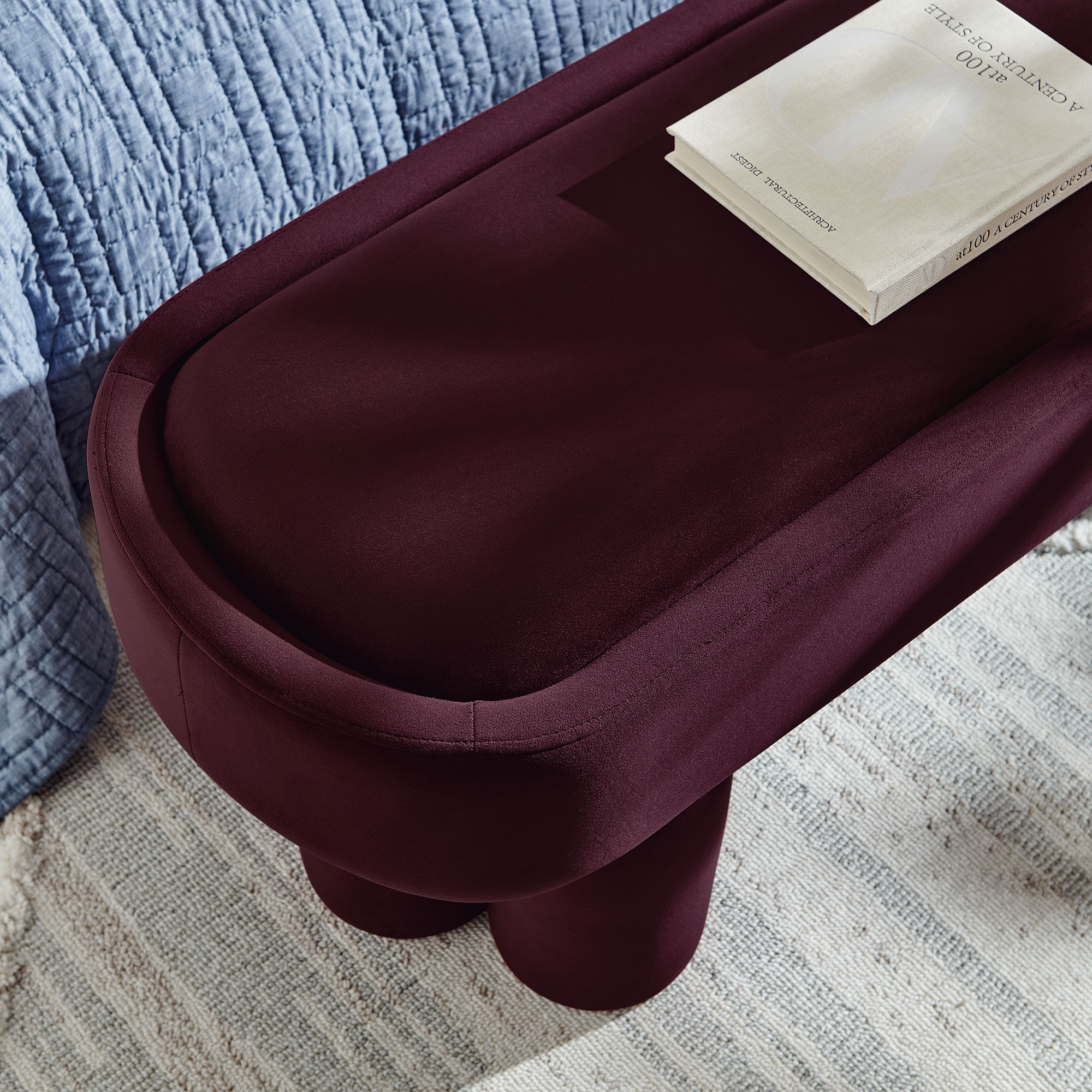 Mossi Oval Performance Velvet Accent Bench in Mulberry