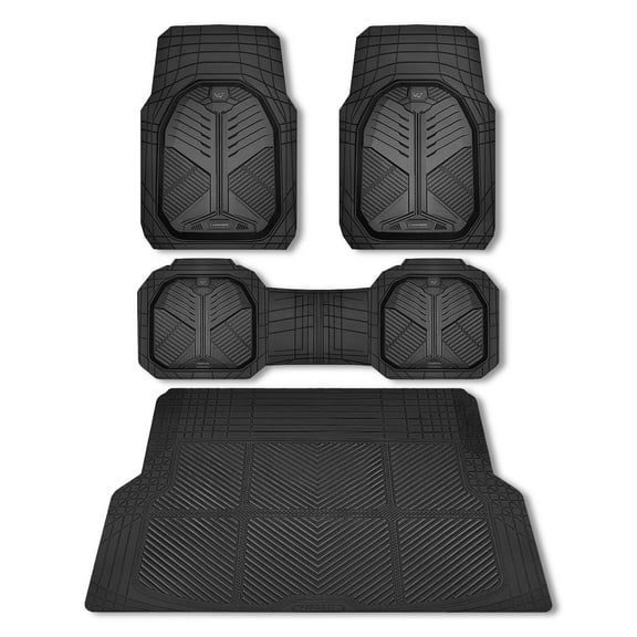 CAR GRAND Heavy duty rubble car floor mats full set deep dish trunk mat water proof anti slip all weather truck mats universal fit trim-to-fit trimmable all black