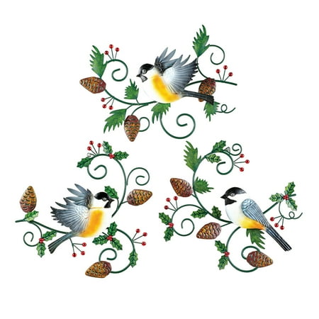 Metal Art Pinecone - Chicadees and Pinecones Metal Wall Art Set, Hand Painted Home Décor, 3 pc