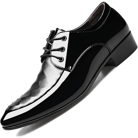 Men's Shiny Patent Leather Dress Shoes Formal Business Casual Oxford Trendy Plaid Upper Tuxedo Shoes for Men