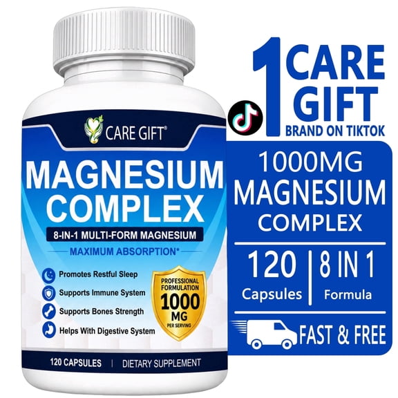CARE GIFT Magnesium Complex 1000 mg Capsules, 8 Forms High Absorption Elemental Magnesium for Bone, Muscle & Sleep Support, Non-GMO Wellness Supplement for Men & Women, 120-Count