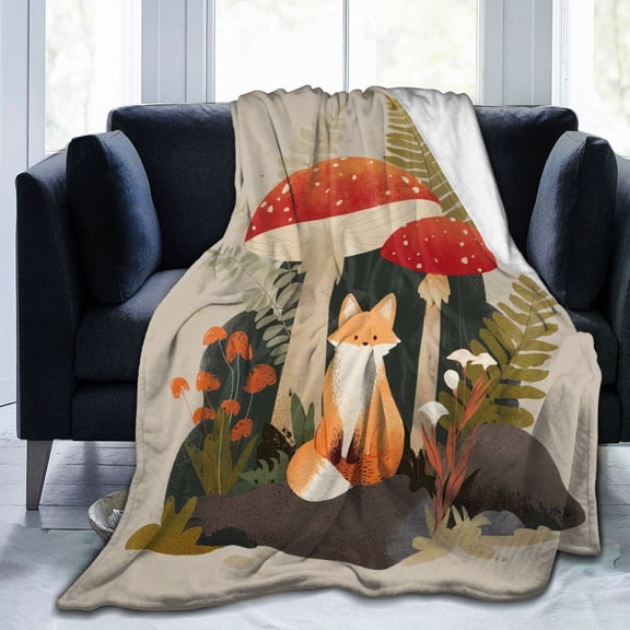 Whimsical Fox and Mushroom Throw Blanket, Goblincore Forest Fantasy Art Soft Flannel Fleece Decor Gift 50x40