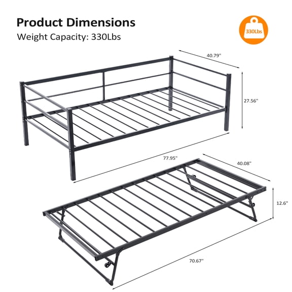 Black Twin Size Metal Sofa Bed - Convertible Daybed with Pull-Out Trundle , Multi-Functional for Small Spaces