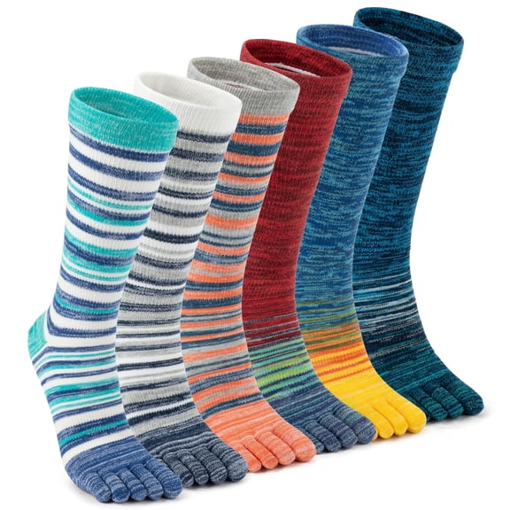 OpetHome 6 Pairs Colorful Striped Crew Five Toe Socks, Unisex Cotton Split Toe Athletic Socks for Daily Wear Cycling Running Medium