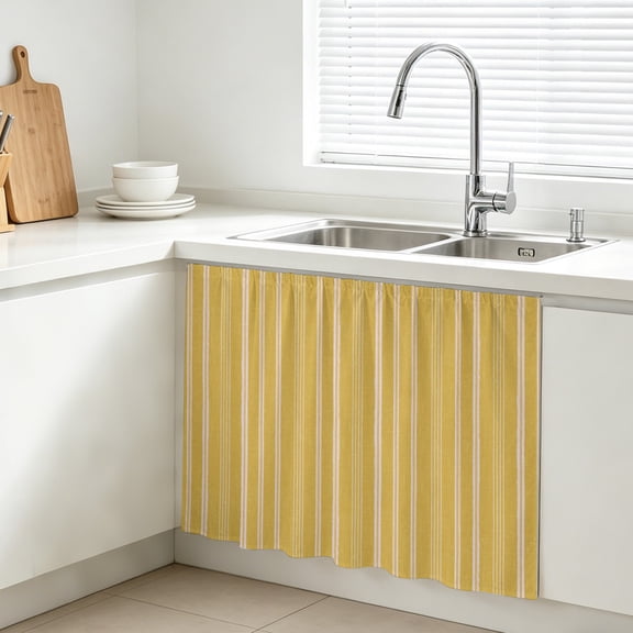 Yellow Striped Cabinet Curtains for Kitchen 28"Wx35"L, Minimalism Stripes Modern Vintage Farmhouse Abstract Farmhouse Sink Skirt Magic Tape Short Curtain Decorative Privacy Panel for Bathroom Laundry