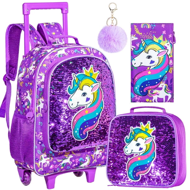 Mochila con Ruedas AGSDON Unicornio Morada Set de 3 Piezas