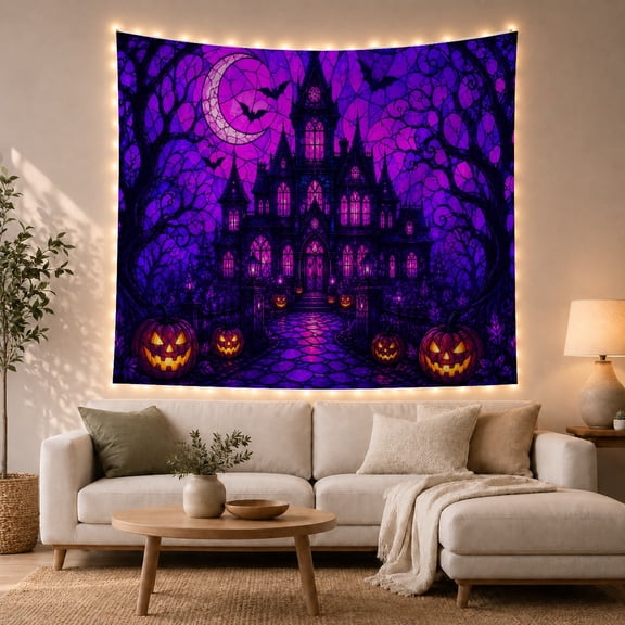 Haunted Mansion on a Stone Path with Glowing Pumpkins, Spooky Gothic for Decor Fans, Eerie Art Decor, Halloween Gift, Tapestry Wall Hanging for Bedroom and Living Room