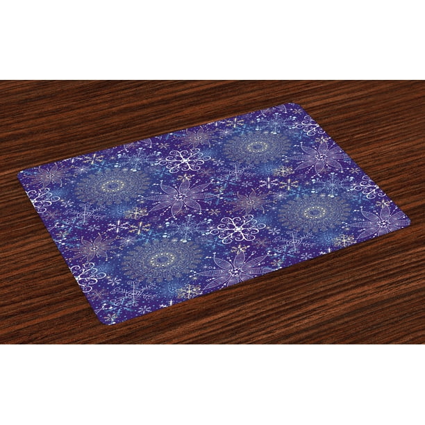 Dark Blue Placemats Set of 4 Christmas Inspired Pattern with Artistic Ornate Curly Snowflakes