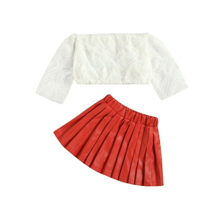 

Musuos Little Girls Long Sleeve Heart Print Sweater Tops A-Line Pleated Mini Skirt