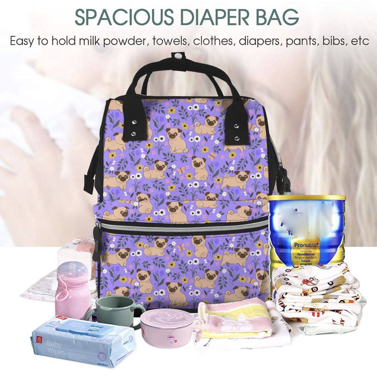Ratiio Pugs and Flowers Mummy Backpack - Waterproof Twill Canvas, Large Capacity Diaper Bag with Multiple Pockets and Adjustable Straps