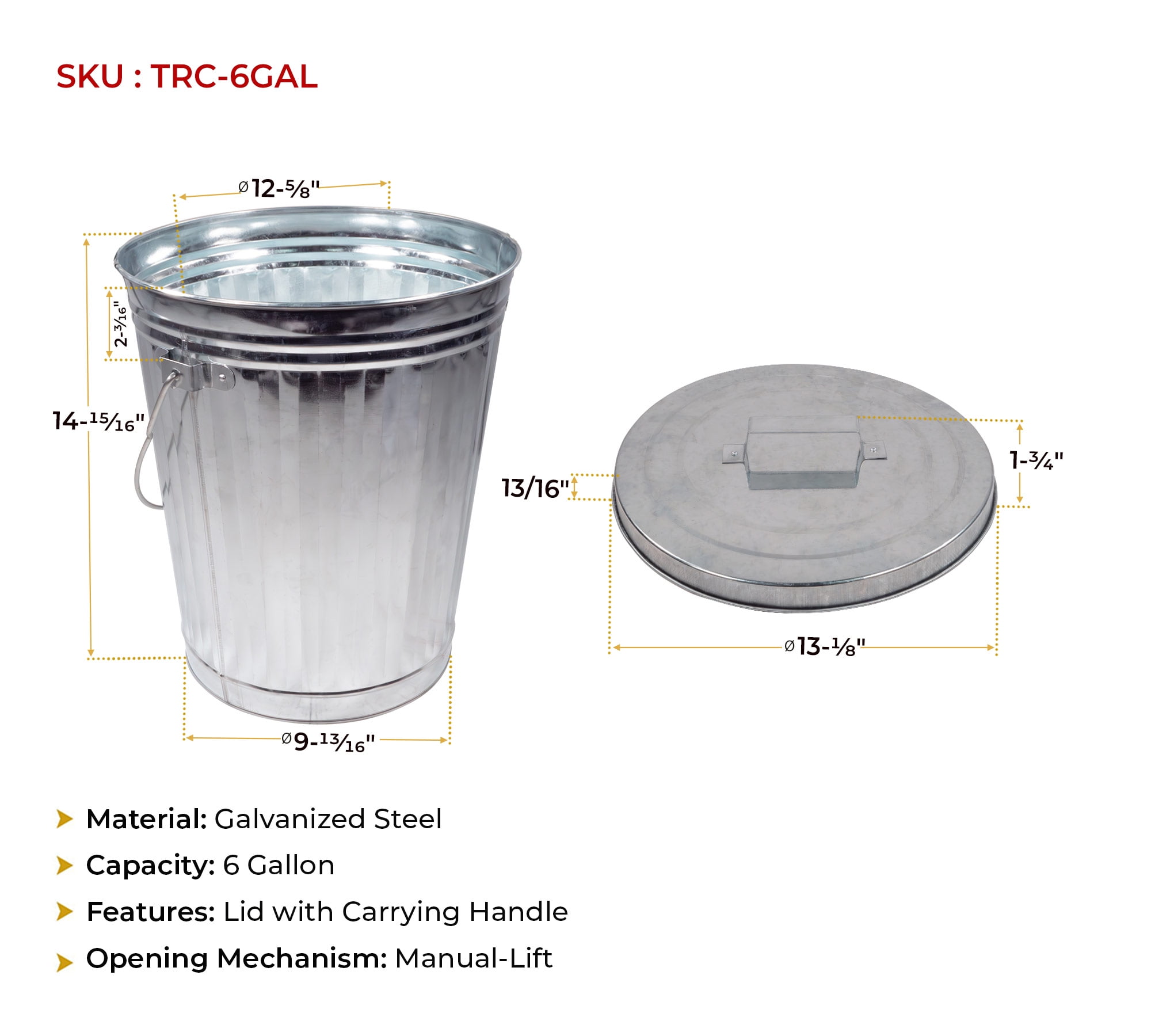 Galvanized Trash Can w/ Lid Ideal for Trailers - 6 Gallon Steel Mounted Small Outdoor Garbage Can for Home, Office, Bathroom, Kitchen - Fire and Heat Resistant