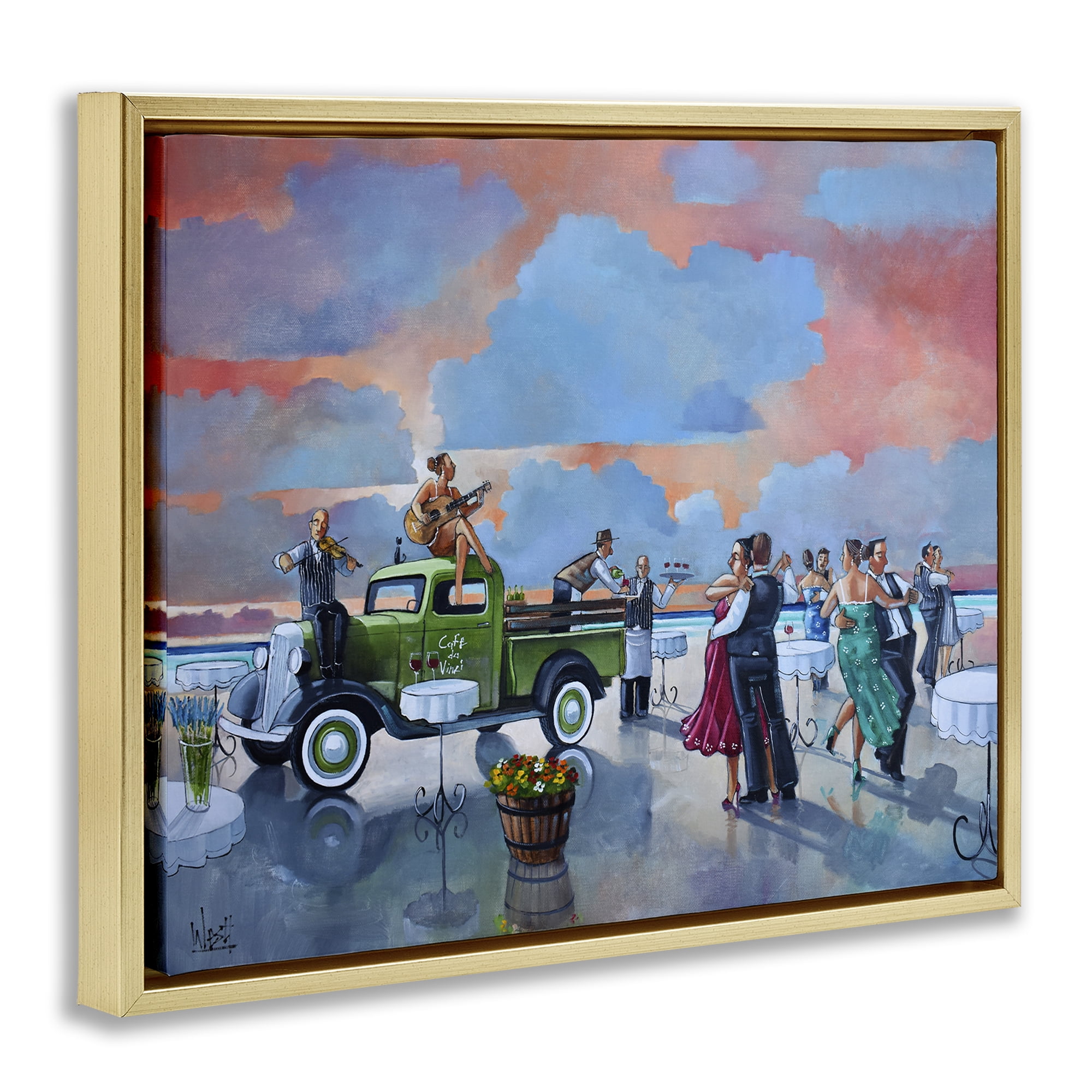 Stupell Industries Beach Ballroom Dance People Painting Gold Floater Framed Canvas Art Print Wall Art, 21 x 17