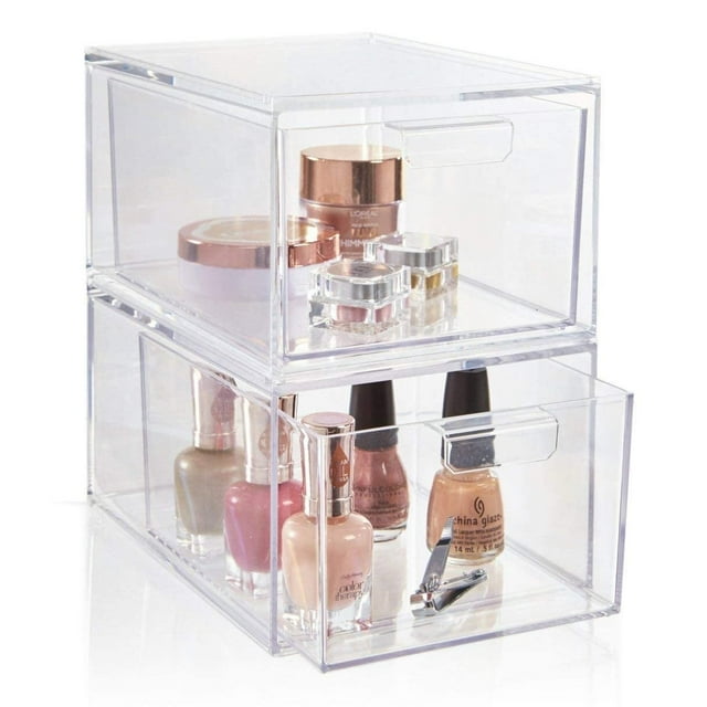 2 Piezas Organizador de maquillaje acrílico y almacenamiento, organizador de escritorio multiusos con cajones, Bandejas para Cosméticos,Caja de almacenamientoapilable,Organizador joyería multifunción