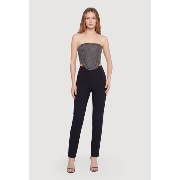 Women's Rhinestone Studded Denim Lace Up Back Cropped Corset