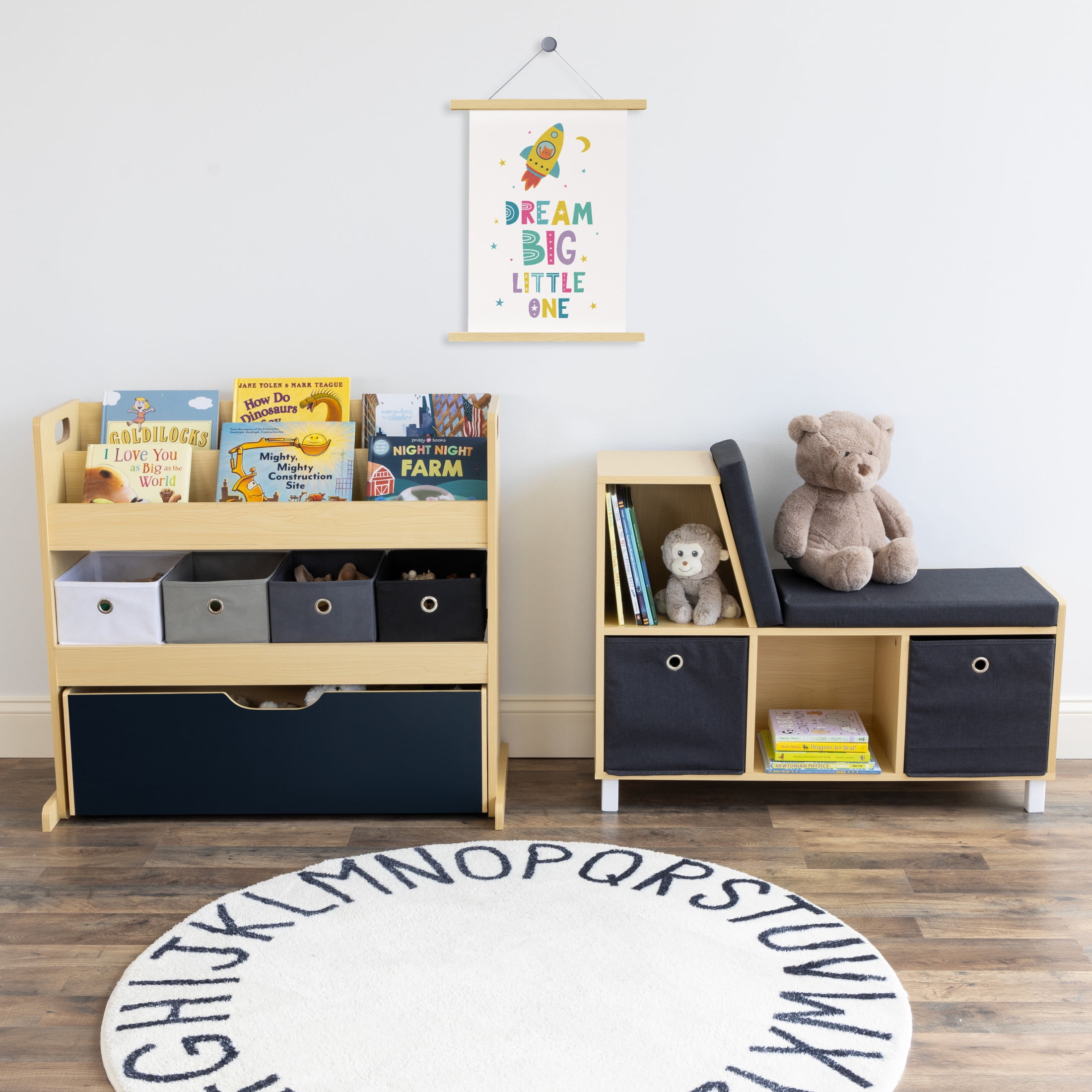Humble Crew Dalton Toddler 3-in-1 Toddler Sized Storage Organizer with Rolling Chalkboard Toy Box, Fabric Bins, Natural/Black/White/Grey