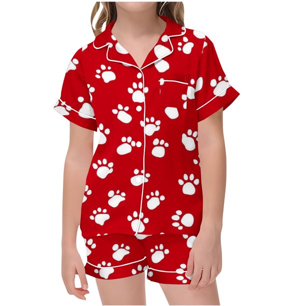Odeerbi 2-12 Años Pijama de Satén de Verano Para Niña Con Solapa de Muesca, Camisas de Manga Corta, Pantalón Corto, Estampado de San Valentín, Ropa de Dormir