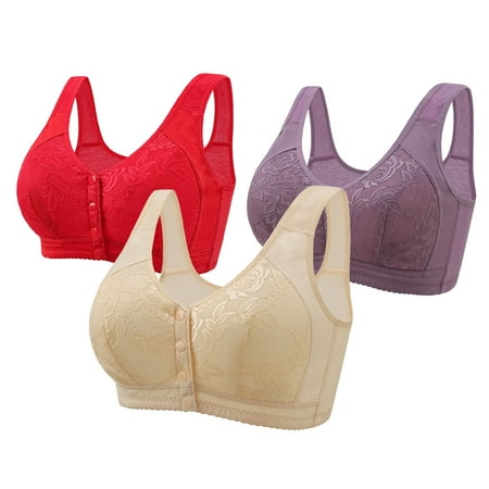 REORIAFEE Women Bras 3PC Front Closure Gathered Together Wireless Bras Lace embroidery Brassiere Breathable Wide Strap Comfy Corset Underwear Classic Comfortable Support Lingerie Multicolor 48/110