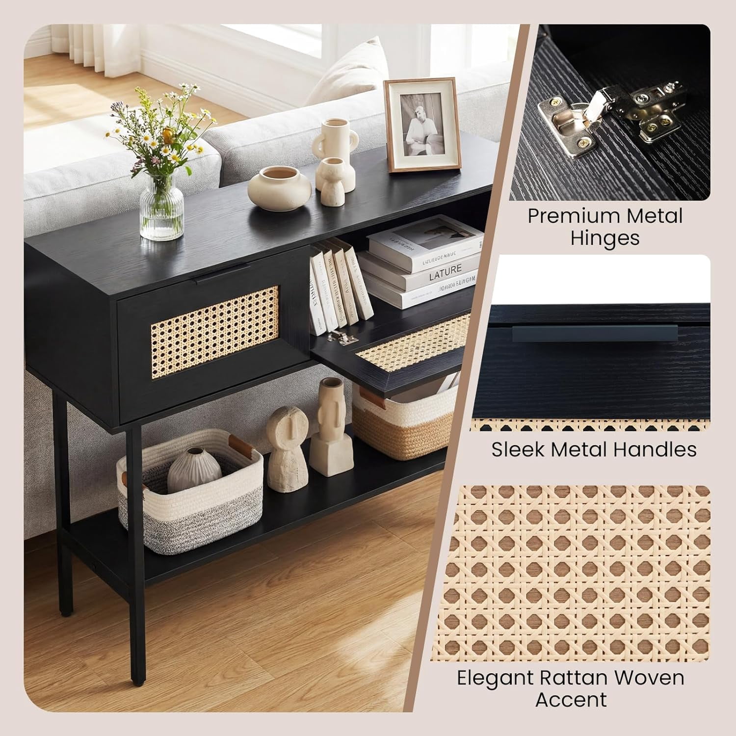 WBTER 40” Rattan Console Table, Narrow Long Entryway Table with Storage Shelf, 2 Flip Door Cabinets, Metal Frame, Boho, Farmhouse Behind Couch Sofa Tables for Living Room, Hallway (Black)