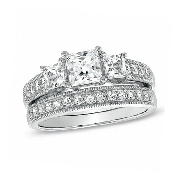 Hitanshu Jewels 1.50 Ctw White Princess Cut CZ Three Stone Wedding Ring 925 Sterling Silver Set