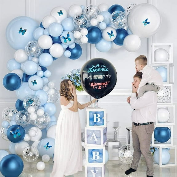 AOWEE Blue Balloon Garland, Blue Birthday Decoration with Butterflies, Frozen Snowflake Balloon Arch Kit Metallic Blue White Latex Balloon for Baby Shower, Frozen Party, Wedding