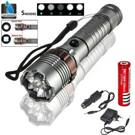 2600 Lumens T6 LED Flashlight Zoomable Focus Flashlight Torch Lamp Super Bright + 18650 Battery + 2Pcs for Camping Hiking