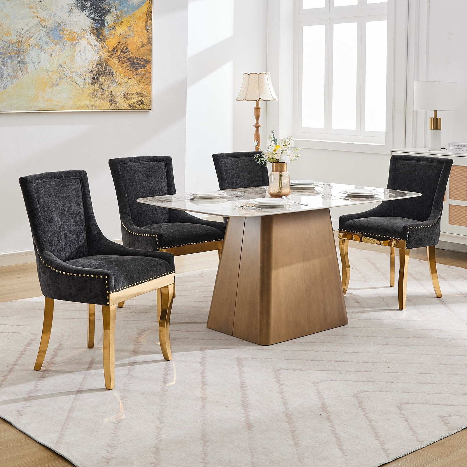 Dining Chairs Set of 2, Kitchen & Dining Room Chairs, Chenille Fabric Upholstered Dinning Chairs, Sillas De Comedor, Nailhead Trim, Metal Legs (Black, 2 Pcs)