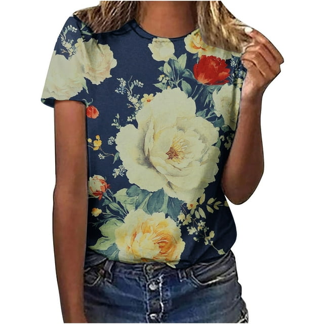 Camisas de Manga Larga para las Mujeres Suelto Ajuste Impreso Verano Sexy Cuello Redondo Superior, Poliéster Regular