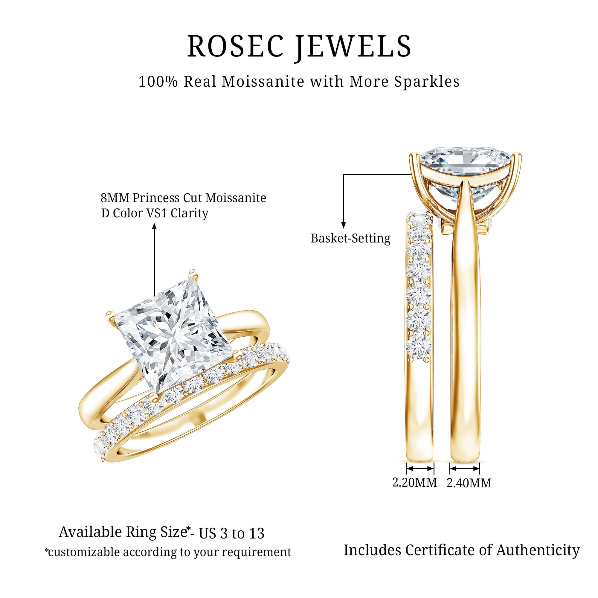 Rosec Jewels Moissanite Wedding Ring Set for Women - 3 Carat Engagement Ring with Enhancer - D-VS1 Grade Certified, 10K Yellow Gold, US 3.00