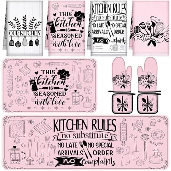 10 Pcs Farmhouse Kitchen Decor and Accessories Set 4 Kitchen Towels 2 Pot Holders 2 Oven Mitts 2 Rugs for Cooking Baking Mom Housewarming Gifts(Pink,Appealing Style)