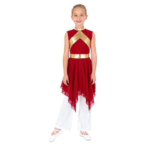 Doomiva Teen Girls Lyrical Praise Dance Dress Metallic Church Robe with Wide-Leg Pants Tunic Praisewear Worship Wear Burgundy White 8