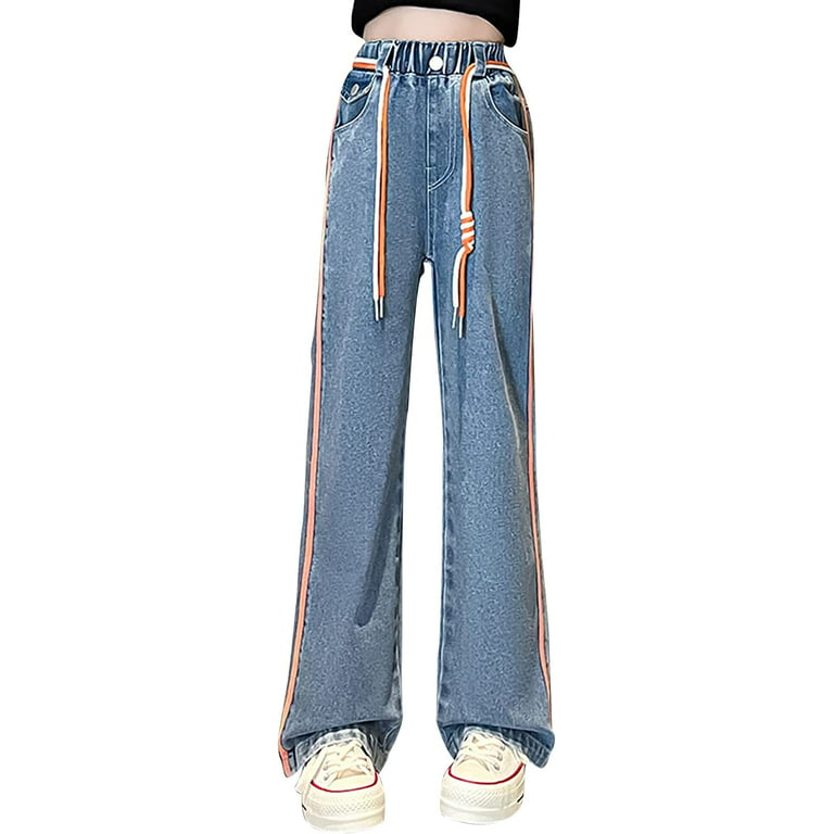 Girls Baggy Jeans Wide Leg Ripped Jeans Casual Elastic Waist Denim Pants  for Kids Teens 