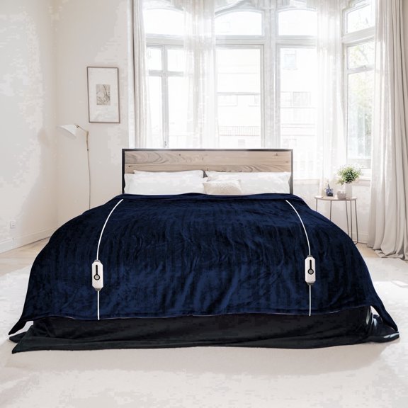 Electric Heated Blanket 84'' x 90'' Queen Size Flannel Machine Washable, Warm and Cozy all Night, Dual Control-Dark Blue