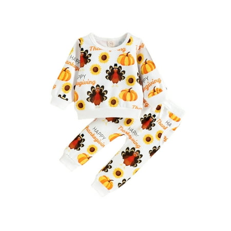 

WPNAKS 2Pcs Baby Thanksgiving Outfit Turkey Print Long Sleeve Sweatshirt + Casual Pants Set for Toddlers 3 Month to 3 Years