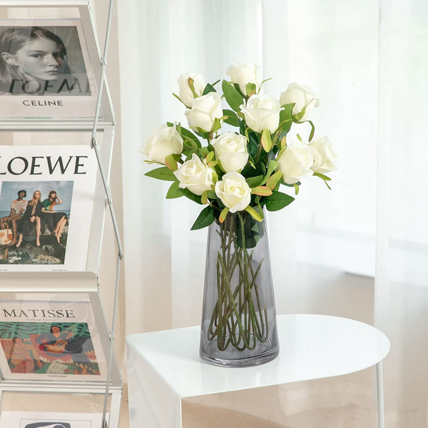 12PCS Artificial Silk Flowers Realistic Roses Bouquet Long Stem for Home Wedding Decoration Party (White)