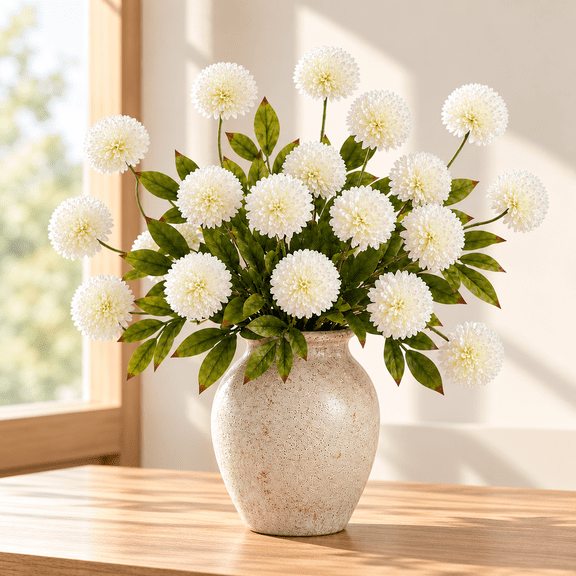 6 pcs 27 inch Faux Flowers for Vase, Cream Silk Pompon Mums with 24 Flower Heads, Bendable Stems for Weddings & Home Decor