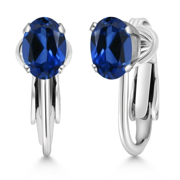 Gem Stone King 2.00 Ct Oval Blue Created Sapphire 925 Sterling Silver Clip-On Earrings