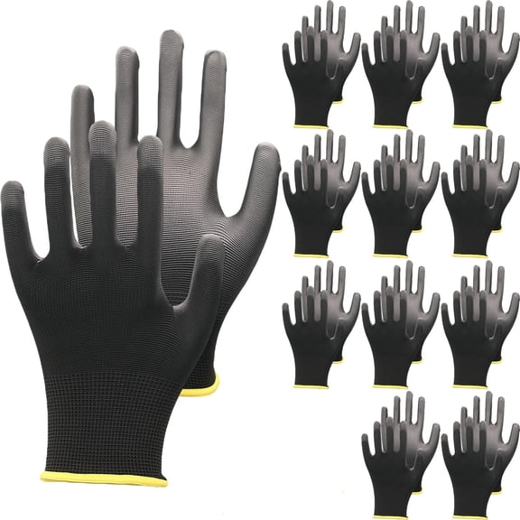 12 Pairs Work Gloves for Men Women, PU Coated Nylon Anti-Slip Breathable Anti-Static Gloves for Garden Mechanic, Light Duty Gardening Gloves