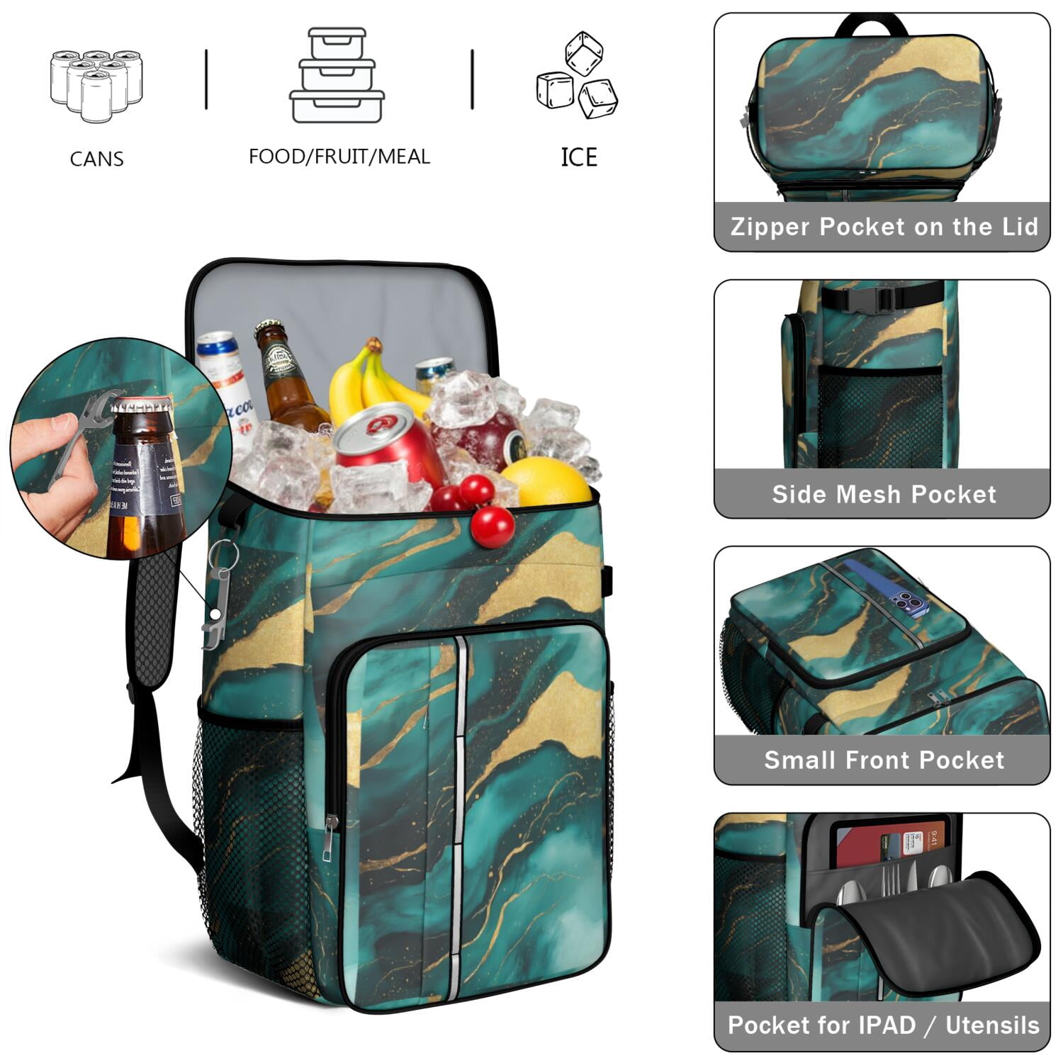 Travel Cooler Bag - Teal Gold Marble Camping Beer Cooler Backpack with Bottle Opener- Waterproof Insulated Picnic Backpacks - Cooler Bag for Beach