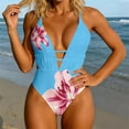 thumbnail image 4 of ECHFIPROM Womens Ruched One Piece Swimsuits High Cut Cutout Sky Blue Floral Crisscross Tie Back Bathing Suit for Ladies, 4 of 5