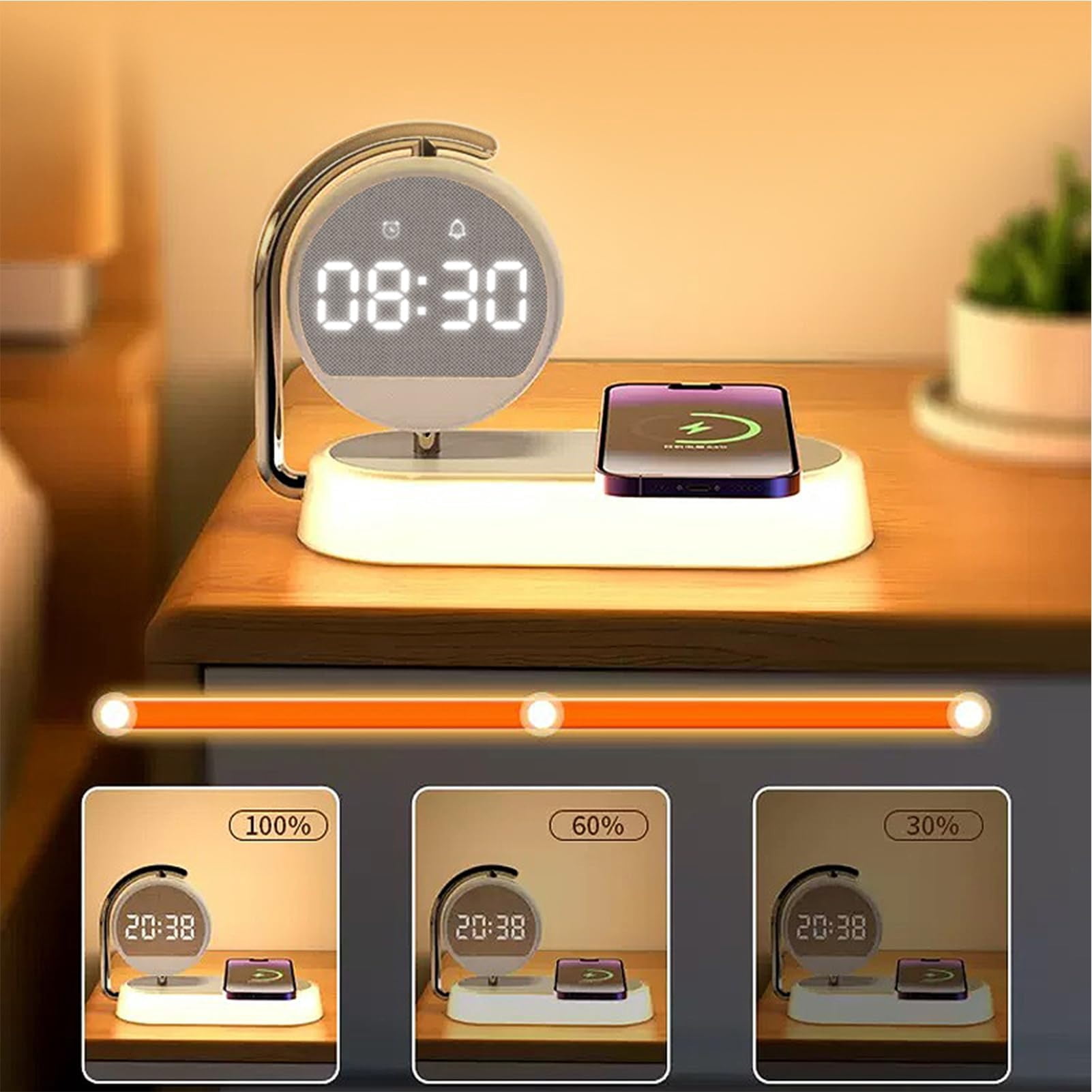 5-in-1 Smart Bedside Lamp – Wireless charger & digital clock, 15W fast charging for phones/headphones. Features 3-level night light, multi-protection alarm clock (White)