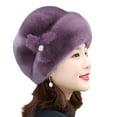 thumbnail image 2 of Eosunjian Winter Ladies Hat Elastic Fit Plush Imitation Mink Velvet Windproof Solid Color with Floral Beret Women Supplies Purple, 2 of 13