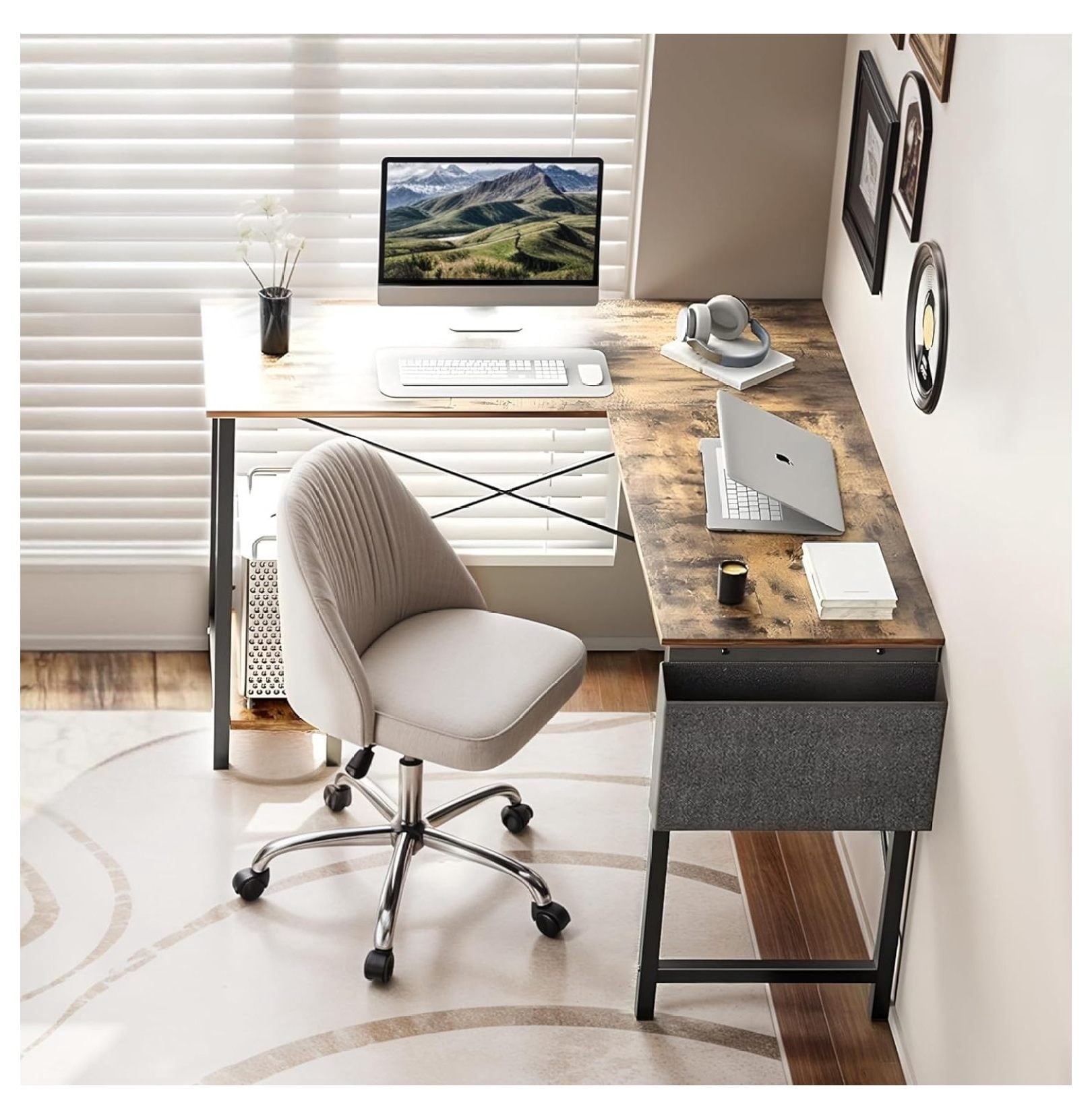 50 Inches L Shaped Home Office Computer Desk Reversible Corner Table PC with Wood Metal Frame CPU Stand Side Bag for Gaming, Working and Studying, Rustic