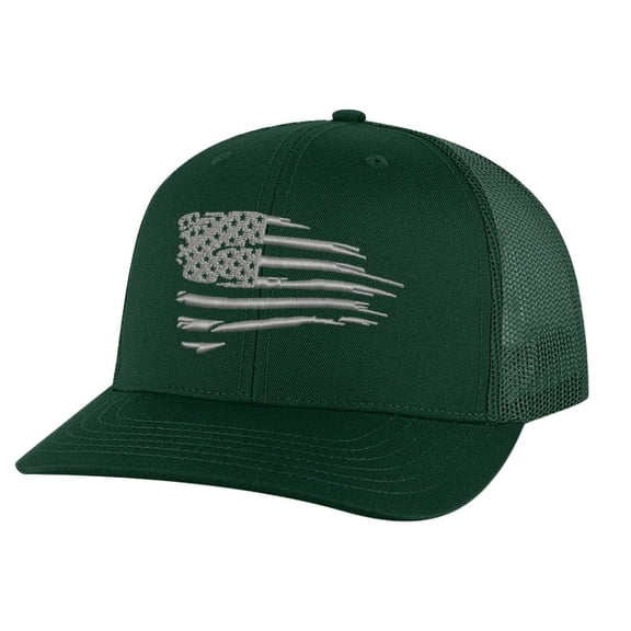 Distressed American Flag Snapback Hat - Modern Embroidered Design in Silver Thread, Patriotic Trucker Cap for Freedom-Loving Americans (AlpineGreen)