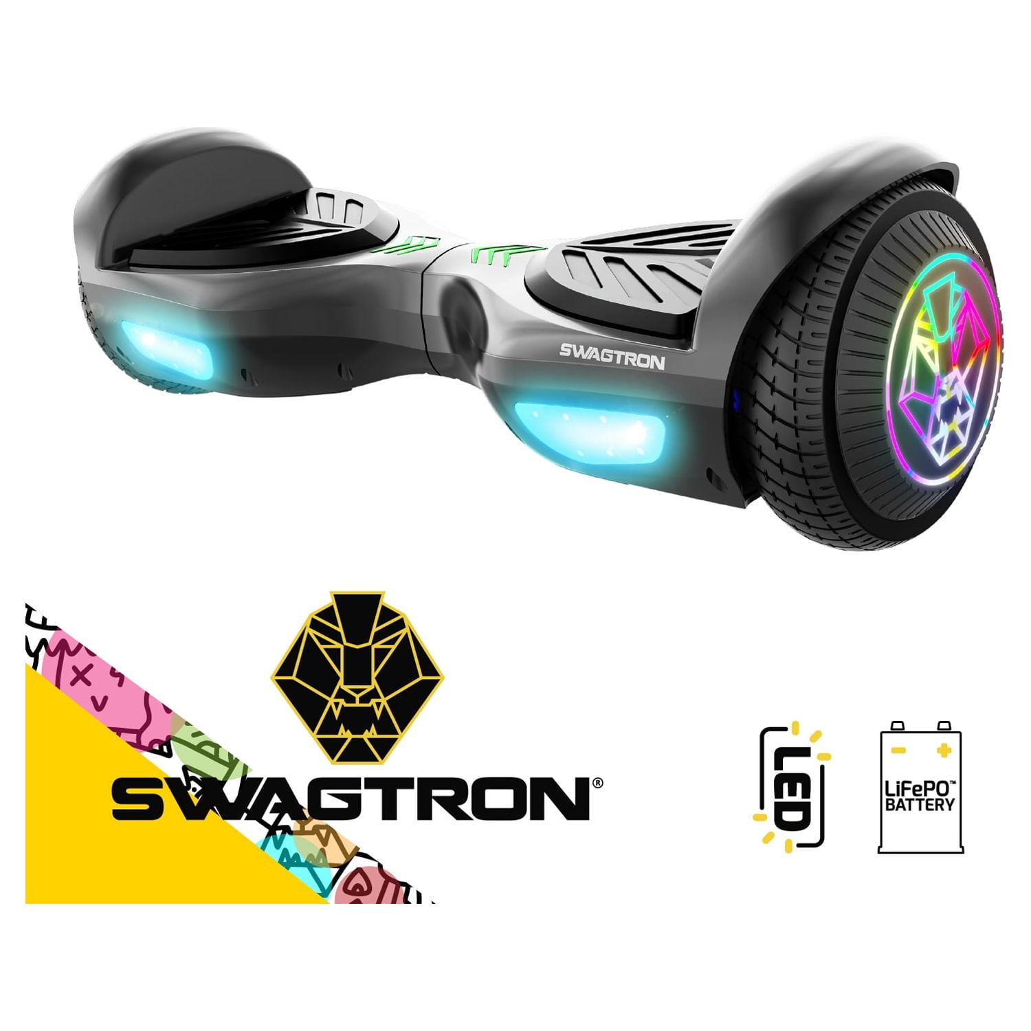 Swagtron Swag BOARD EVO V2 Hoverboard with Light Up Wheels Balance Assist Exclusive UL Compliant Life Po Battery Tech Walmart