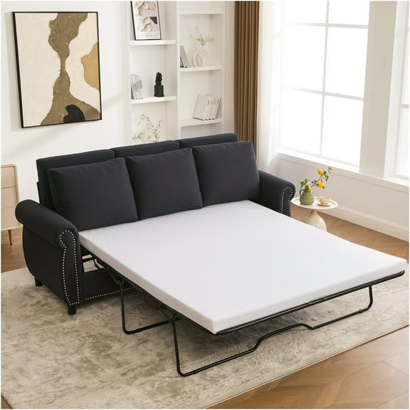 JERFIT Modern Sleeper Sofa Bed with Memory Foam Mattress, Queen Size Pull Out Couch for Small Spaces, Convertible 3 Seater Sectional Sofa, Dark Gray Linen Upholstery