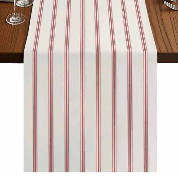 Red Striped 60 Inch Table Runner, Rustic Red Stripe Modern Art Beige Farmhouse Dresser Scarf Cotton & Linen Tablerunner for Dining/Kitchen Island/Holiday Party Décor 13" x 60"