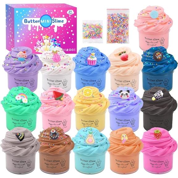 16 Pack Mini Butter Slime Kit, With Pink Watermelon & Lemon Slice Scents. Mermaid Slime Included - DIY Scented Slime Party Favor and Stress Relief Toy for Boys & Girls