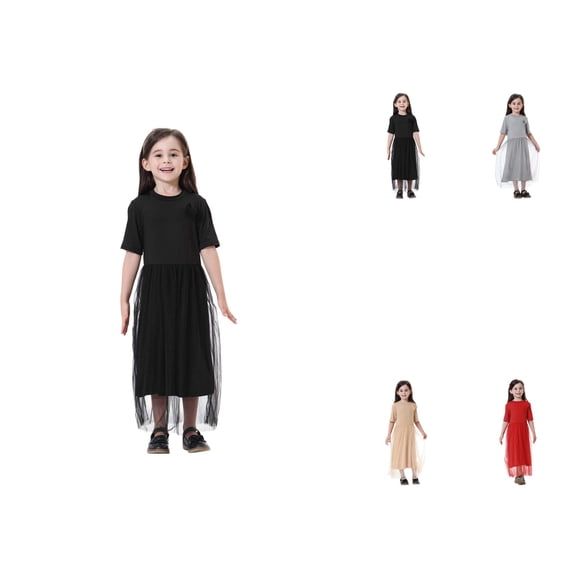 Girls Elegant Maxi Dress, Ethnic Style Round Neck Short Sleeve Floor Length Holiday Dress with Pockets (5-14 Years)