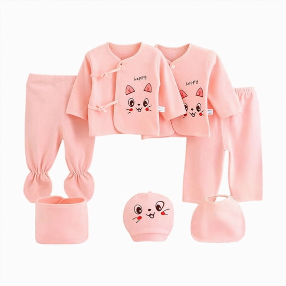 CAUYDY Infant Girls Outfits Preemie Boys Clothes Newborn Layette 2 Long Sleeve Shirt Warm Hat 2 Pants Bib Bellyband 7Pcs Cotton Set Fall Winter Sizes 0-3 Months,Pink