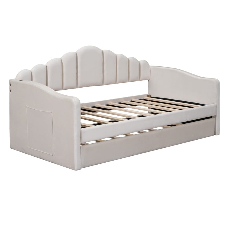 Twin Size Velvet Upholstered Daybed with Trundle, Low Profile Sofa Bed Frame with USB Ports & Curved Backrest